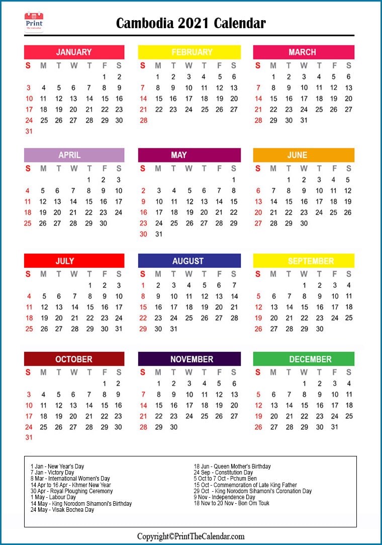 Cambodia Printable Calendar 2021
